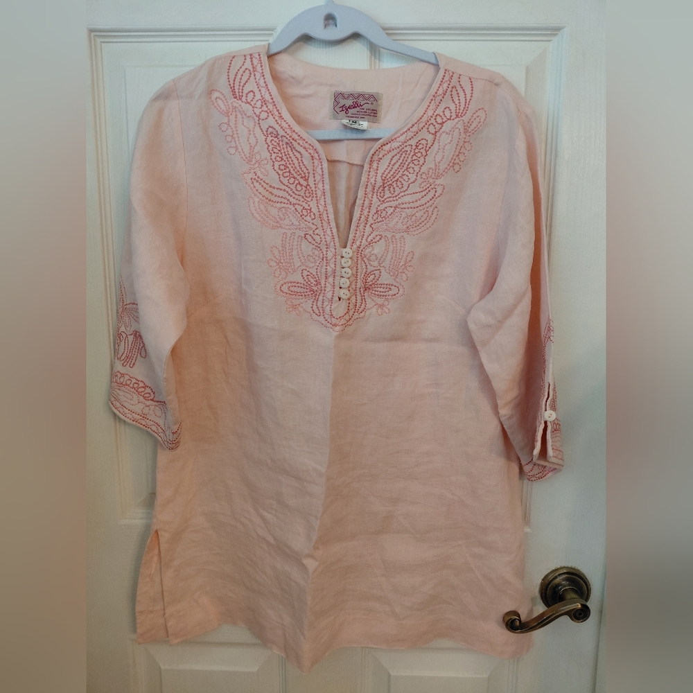 Soft Pink 100% Linen Mexican Blouse Tunic Embroidered Medium Spring Summer